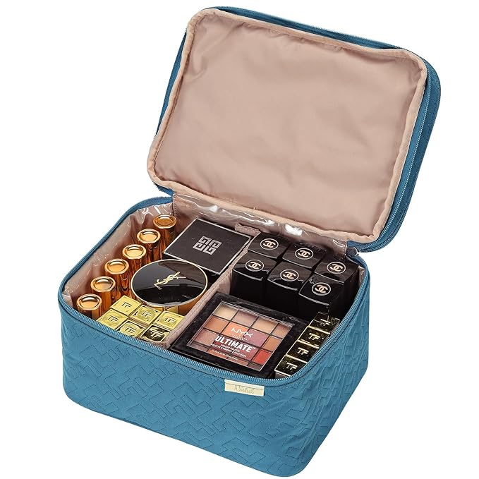 NISHEL Large Double Layer Travel Makeup Bag Women, Cosmetic Case, Organizer for Travel-Size Accessories Bottles, Brushes, Conditioner, and Skin Care Products, Lake Blue