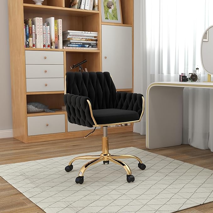 Velvet Modern Home Office Vanity Chair, 360° Swivel Adjustable Height Makeup Desk Chair with Golden Base and Hand Woven Backrest for Bedroom/Study/Vanity (Black)