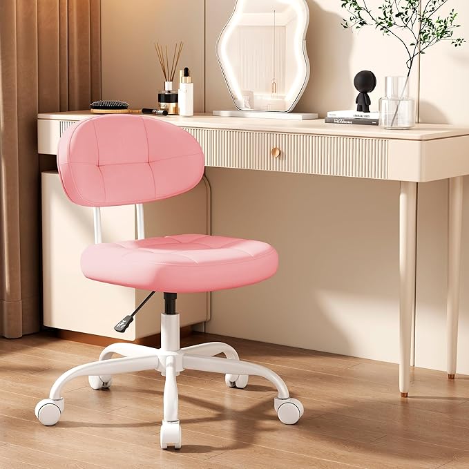 Misolant Vanity Chair with Back, Small Armless Cute Office Chair with Wheels and Lumbar Support, Comfy PU Leather Desk Computer Chairs with Adjustable Height, 360°Swivel for Home Bedroom Office, Pink