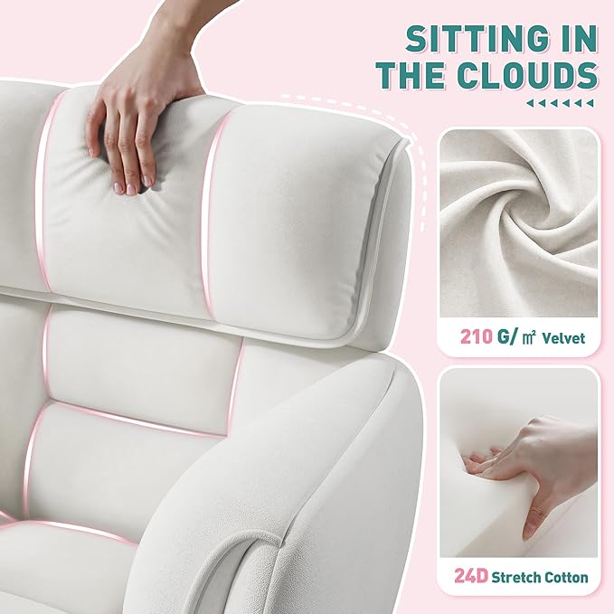 Home Office Chair with Wheels Soft-Touch Material,Modern Cute Vanity Chair with Back Adjustable Height Upholstered Comfy Desk Chairs with Side Pockets for Bedroom,White