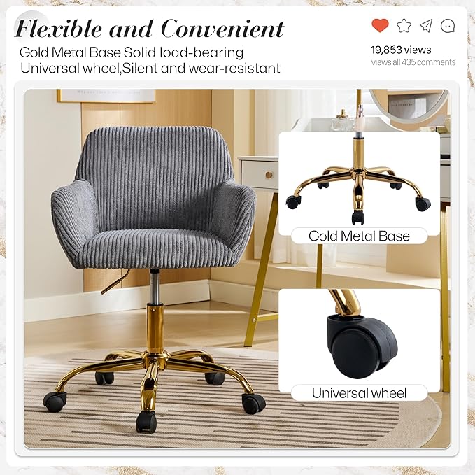 Faux Fur 360°Swivel Desk Chair, Height Adjustable Home Office Armchair with Golden Base for Teens Women Girls, Upholstery Computer Chair for Home Studios, Corduroy & Dark Gray