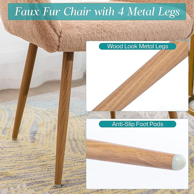 Home Office Faux Fur Desk Chair, Fluffy Makeup Vanity Chair, Comfy Accent Armchair with Wood Grain Metal Legs, Cute Dining Chair with Hollowed Back, Camel