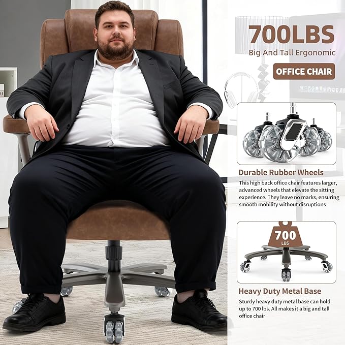 Big and Tall Office Chair 700lbs- Large High Back Executive Computer Desk Chair with 3D Flip-Up Arms, Adjustable Lumbar Support, Extra Wide Plus Size Seat, Heavy Duty Metal Base & Quiet Rubber Wheels