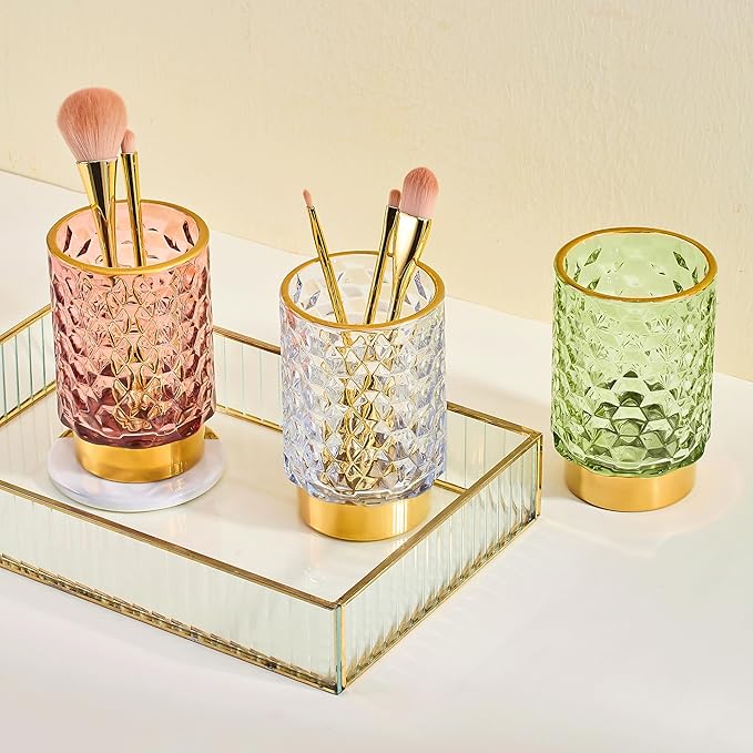 Makeup Brush Holder Organizer,Toothbrush Holders,Desk Pen Pencil Holder,Multifunctional Vintage Glass Brush Cup（A46-4-US）