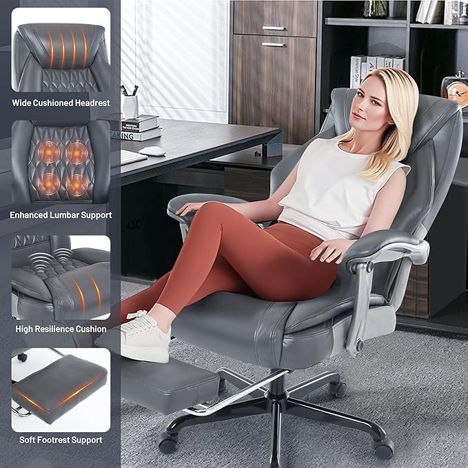 Massage Office Chair with Heating Function & Footrest, 6-Point Vibration, Ergonomic Executive Reclining Desk Chair with Padded Seat for Relaxation, Comfort & Stress Relief