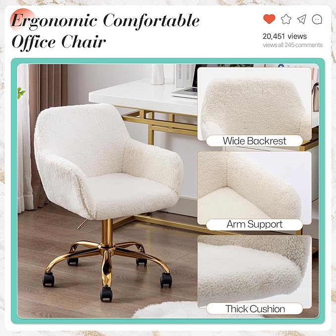 Faux Fur 360°Swivel Desk Chair, Modern Height Adjustable Home Office Armchair with Golden Base for Teens Women Girls, Upholstery Computer Chair for Home Studios, Sherpa & White