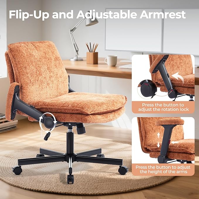 Criss Cross Chair with Flip-Up Arms and Lockable Wheels, Plush Fabric Cross Legged Office Desk Chair,Wider 125°Tilting Adjustable Swivel Computer Chair for Home, Apartment, Bedroom,Brown