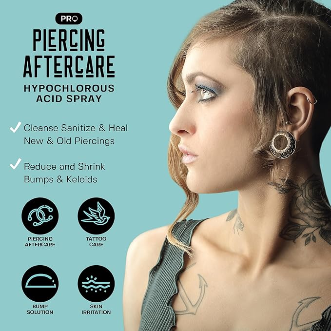 BASE LABORATORIES Piercing Aftercare Hypochlorous Acid Spray PRO - 8 OZ | Saline Solution Piercing Aftercare - Saline Spray for Ear Piercings, Bumps & Keloids | Ear, Nose, Belly - 2PK