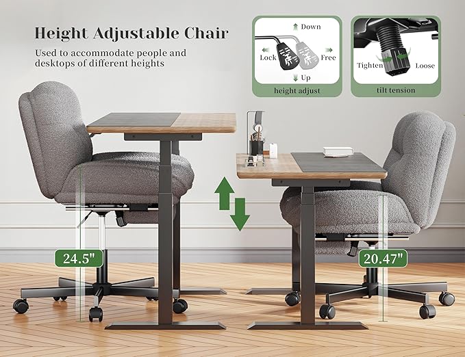 Cross Legged Office Chair with Foot Rest, 6.3" Thick Cushioned Criss Cross Chair with Wheels, Height Adjustable Swivel Vanity Chair for All-Day Comfort (Grey)