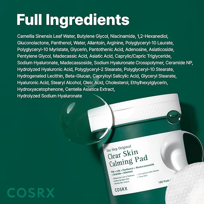 COSRX OneStep Original Clear Skin Calming Pad, 100 Pads, Dual-Sided Facial Pad for Soothing, Barrier Strengthening & Gentle Exfoliation with 82% Green Tea Water, Cica, PHA, LHA, Korean Skin Care