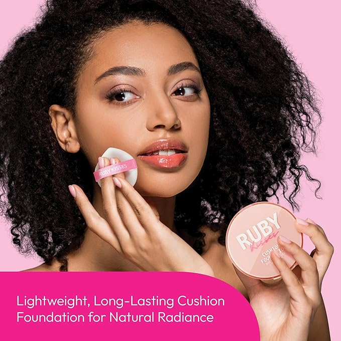 Ruby Kisses Cushion Foundation, Full Coverage Korean Makeup, Lightweight & Long Lasting, All Day Natural Glowy Finish for All Skin Types with Hyaluronic Acid & Bakuchiol (Porcelain, 0.52 Ounce)