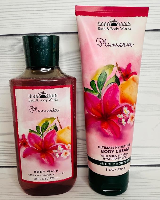 Bath & Body Works Women Plumeria Ultimate Hydration Body Cream and Body Gel Wash 2 Piece Set
