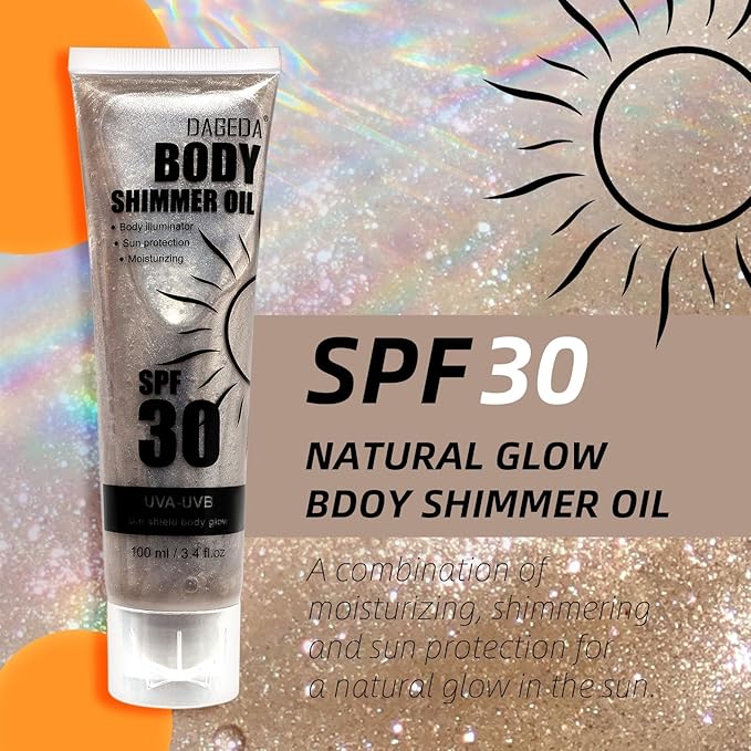 DAGEDA Body Glow Oil, SPF 30 Broad Spectrum Glitter Sunscreen, Lightweight, Non-sticky Sunscreen Body Shimmer, Sun Protection with Centella Asiatica Extract, UVA/UVB Protection, Bronze 3.4 fl.oz