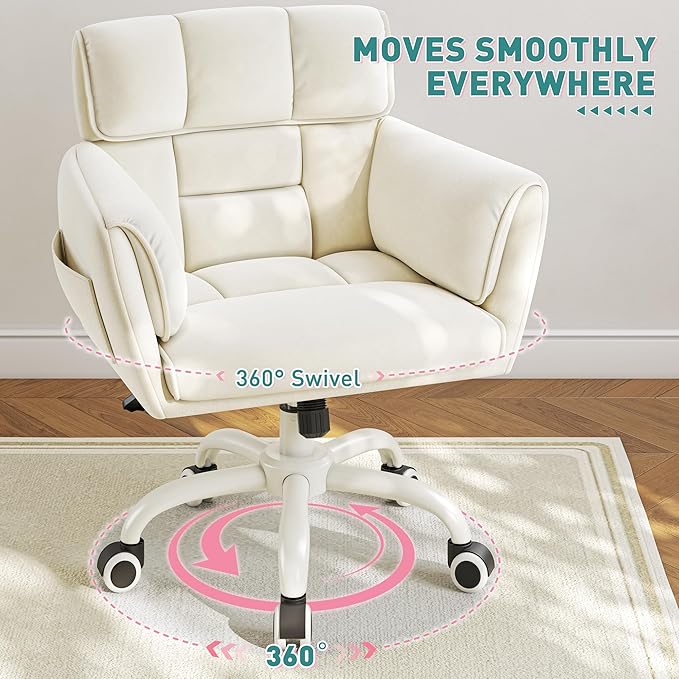 Vanity Chair with Wheels & Soft Velvet Fabric, Desk Chair Comfy with Back, Upholstered Home Office Chair with Side Pockets for Bedroom, Office, Make-up Room, Height Adjustable, Beige