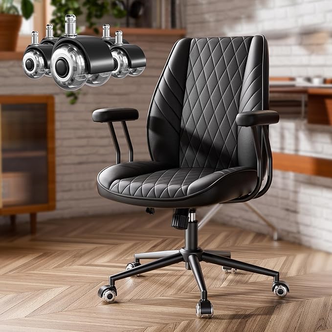 Black Leather Office Desk Chair with Quiet Rubber Wheels, Height Adjustable, Padded Arms, Vintage Mid Century Office Chair, Retro Style Desk Chair