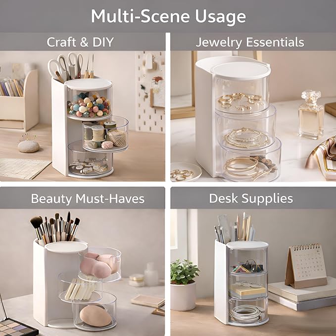 Hair Accessories Organizer with Hair Brush Holder, Rotating Makeup Brush Caddy for Girls Women, 3-Tier Clear Storage for Hair Clips, Ties, Jewelry & Necklaces, White