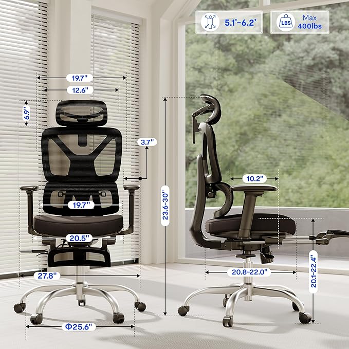 FLEXISPOT ErgoX Premium Ergonomic Office Chair with Footrest- Adjustable 3D Armrests, Dynamic Lumbar Support, Recline & Tilt Function, Mesh Seat, for Home & Office Use,Black Foam