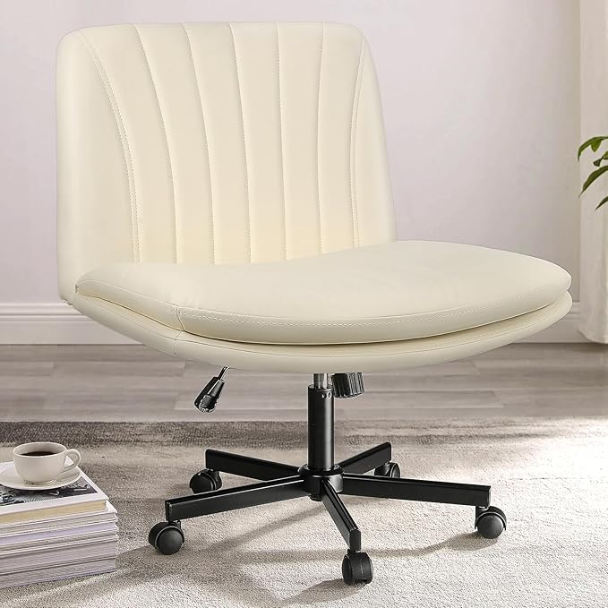 PUKAMI Criss Cross Chair,Comfy Cross Legged Office Desk Chair No Wheels,Modern Fabric Swivel Adjustable Height Mid Back Wide Seat for Home Office Computer (Pu Beige with Wheels)