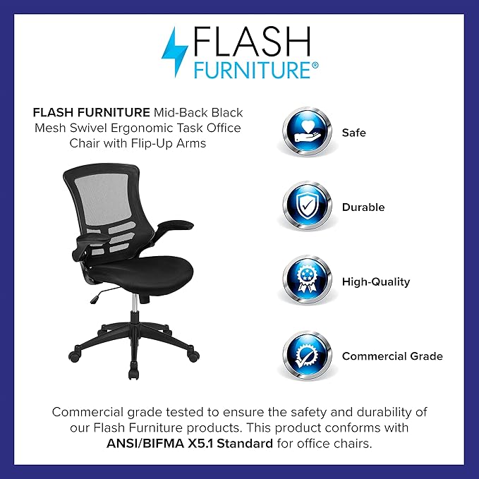 Flash Furniture Set of 4 Mid-Back Swivel Ergonomic Task Office Chairs with Flip-Up Arms, Black Mesh