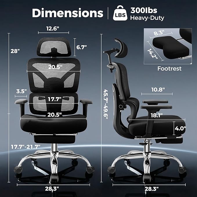 Ergonomic Office Chair with Footrest, Big and Tall Home Desk Chair, High Back Rolling Computer Chair with 3D Arms and Lumbar Support, Comfortable Gaming Chair, Black-2 Pack