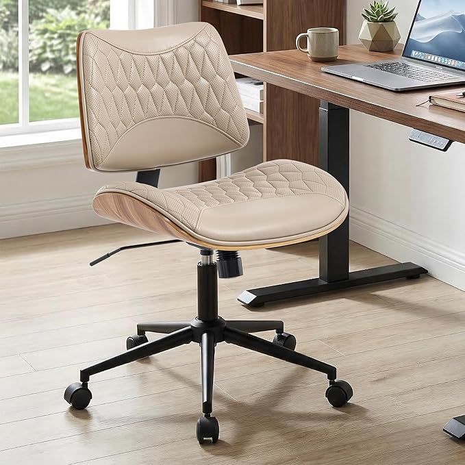 Walnut Bentwood Mid Back Armless Office Chair 1 Pack, Adjustable Height PU Leather Swivel Desk Chair with Wheels, Rolling Computer Task Chair for Home Office, Study, Meeting Room