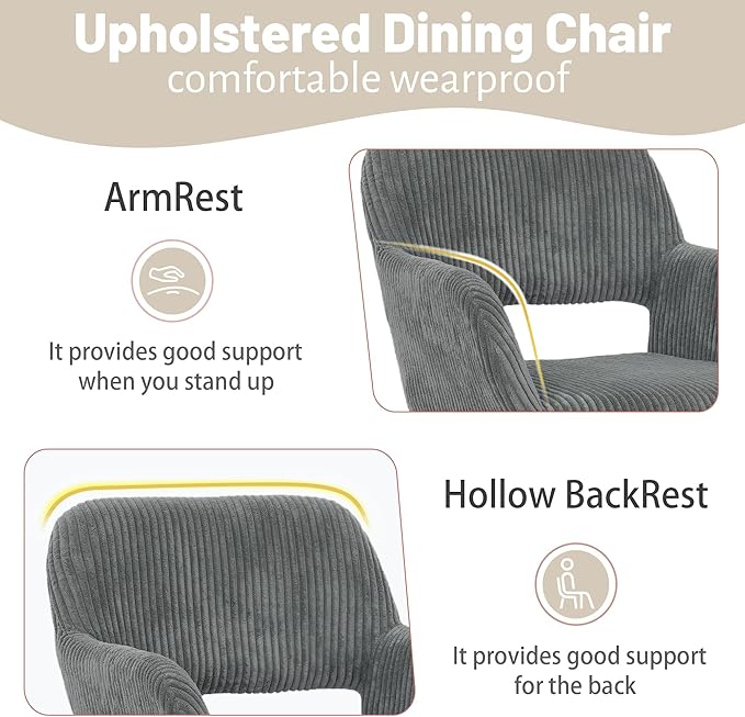 KCC Small Modern Dining Room Arm Chairs Set of 2, Mid-Century Upholstered Corduroy Fabric Side Seat Club Guest with Metal Tube Legs for Kitchen, Living Room, Gray