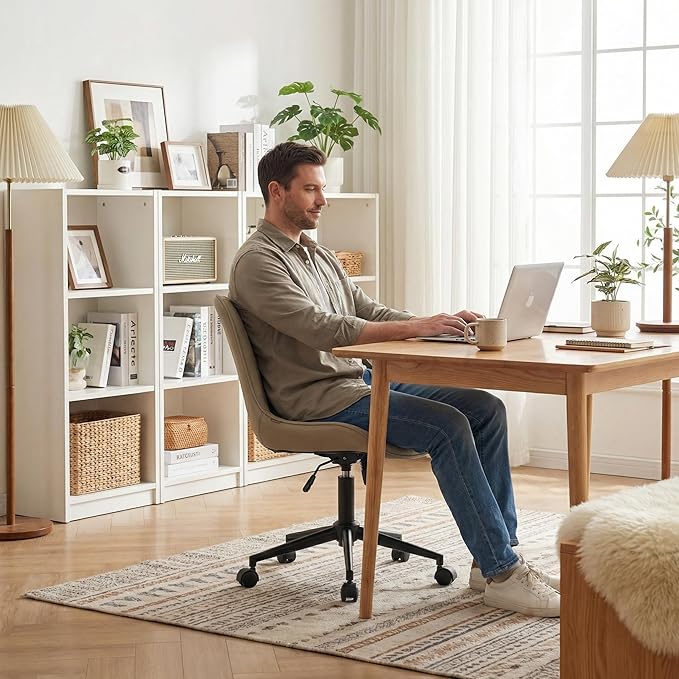 YOUNIKE Office Chair, Desk Chair with Wheels, Home Office Computer Task Chairs, Modern Faux Leather Padded Vanity Chair, Adjustable Swivel Armless Office Chairs with Back, Khaki