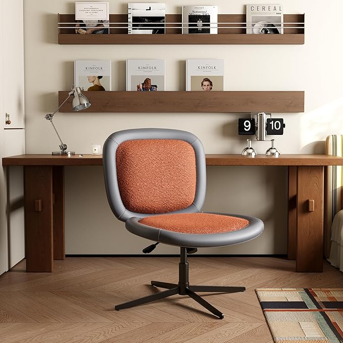 Nordic Armless Ergonomic Office Chair with Wheels, Diamond Tufted PU Leather Computer Chair, Adjustable Height Desk Chair with Solid Wood Back for Small Home Office (No Wheels-Orange)
