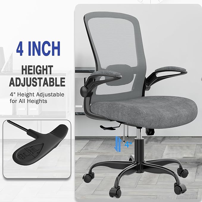 Mimoglad Ergonomic Office Chair - Desk Chair with Flip-up Armrests & 135° Recline, Adjustable Lumbar Support - Space-Saving Task Chair for Business/Team Office & Home (Iron Gray, 300lbs)