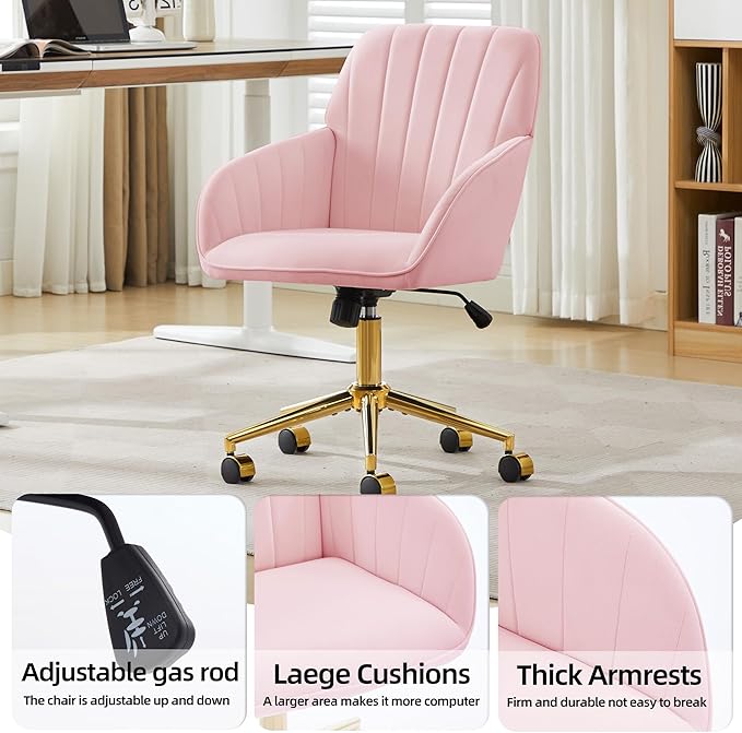 Velvet Home Office Desk Chair, Modern Cute Computer Task Chair with Back, Height Adjustable Upholstered Vanity Chair with Swivel Wheels for Women, Girls (Gold Base, Pink