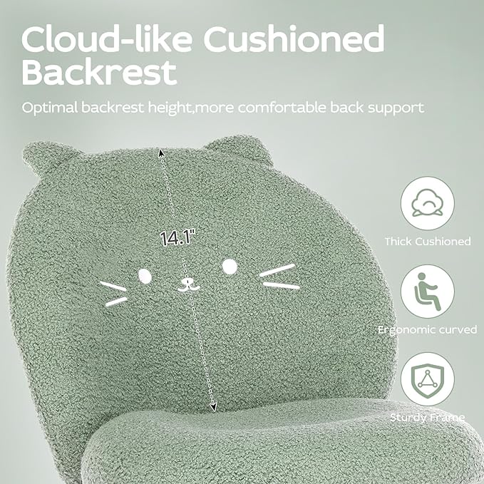 Vanity Chair with Cat Back,Armless Desk Chair Cute Small Office Chair,Teddy Fabric Computer Chair with Adjustable Height,120°Tilting,Rolling,Swivel for Vanity,Kids Room,Office,Bedroom Green