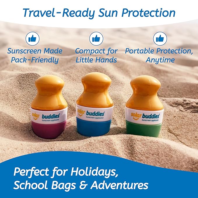 Solar Buddies Grab & Go Travel Bundle, Carabina Clip & Cleaning Brush - Single Full Pink - Refillable Roll on Sponge Sunscreen, Suncream & Lotion Applicator For Kids, Adults & Families - Holds 100ml