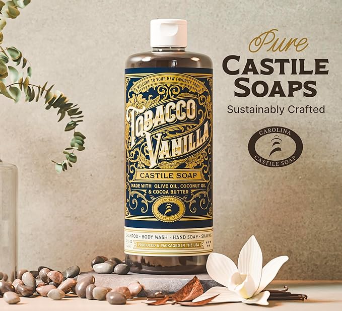 Castile Liquid Body Wash for Sensitive Skin – Natural Shampoo for Men with Olive Oil, Cocoa Butter & Coconut Oil – Tobacco Vanilla by Carolina Castile (Tobacco Vanilla, 1 Gallon)