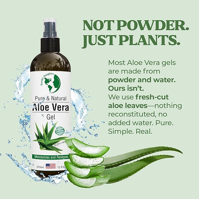 Earth's Daughter Organic Aloe Vera Gel from 100% Pure and Natural Cold Pressed Aloe – Moisturizes - Great for Face - Hair- Sunburn - Aftershave - Bug Bites - 12 oz.
