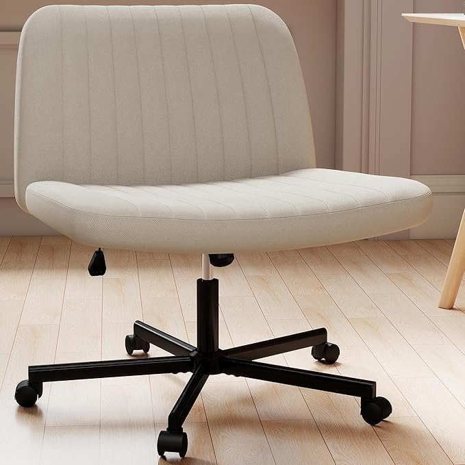 Criss Cross Chair, Extra Wide Armless Rolling Office Desk Chair with Wheels, Plus Size Viral Vanity Legged Chair, Bedroom Beige