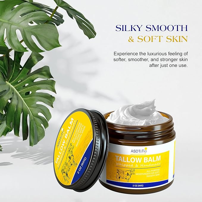 Handmade Grass Fed Beef Tallow Balm for Face and Skin- All Natural Moisturizer with Sweet Almond Oil, Non-Toxic Cream for Dry & Sensitive Skin, 2 oz