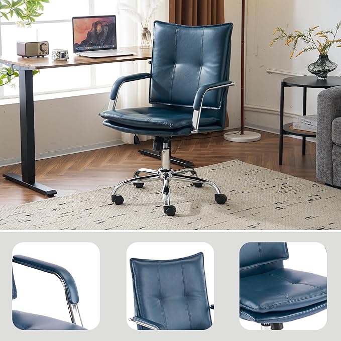 MOJAY Office Chair, Leather Desk Chair, Brown Desk Chair, Mid Century Modern Office Chair, Swivel Comfy Upholstered Wide Seat Chair with Gold Legs and Armrests for Home, Office (Dark Blue&Silver)