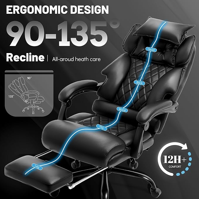 Office Chair with Foot Rest,3D Kneading Massage & Heat Executive Office Chairs for Heavy People,500LBS Big and Tall Office Chair,Ergonomic Reclining Desk Chair,Dual-Use Pillow,Home Office,Black