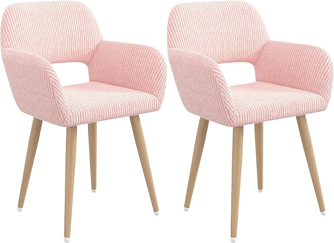 Home Office Desk Chair Set of 2, Corduroy Fabric Vanity Chair for Makeup with Hollow Backrest, Comfy Armchair Wood Frame with Strudy Metal Legs, Pink