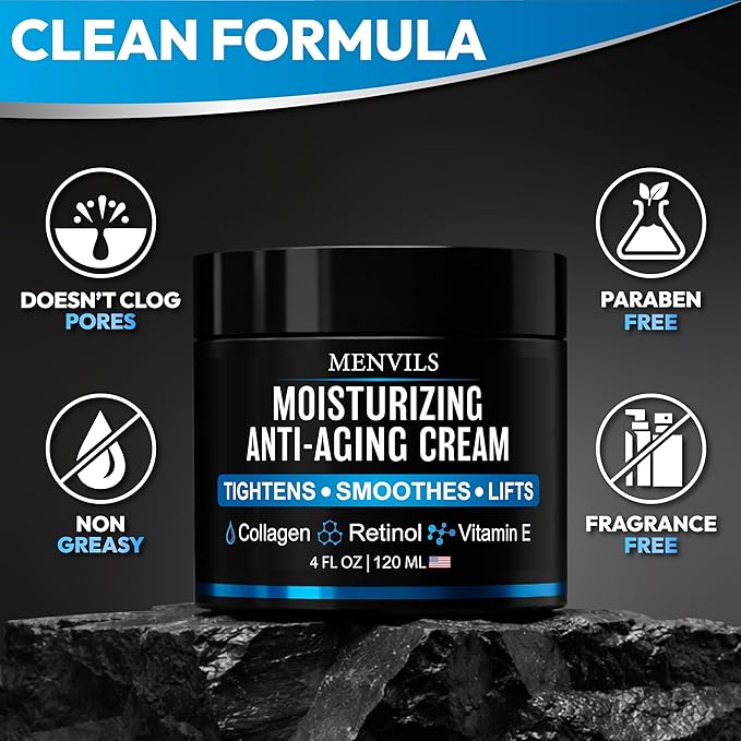 (2 Pack) Mens Face Moisturizer Cream - Anti Aging & Wrinkle for Men with Collagen, Retinol, Vitamins E, Jojoba Oil - Face Lotion - Age Facial Skin Care - Eye Wrinkle - 8 oz Total