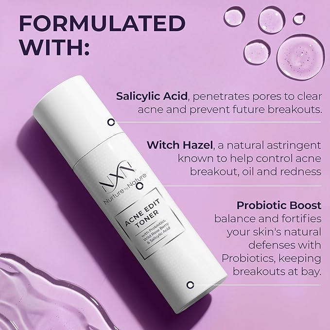 NxN Acne Facial Toner with Salicylic Acid, Witch Hazel, Probiotics & Natural Multi-Fruit Extracts Alcohol Free Treatment for All Skin Types
