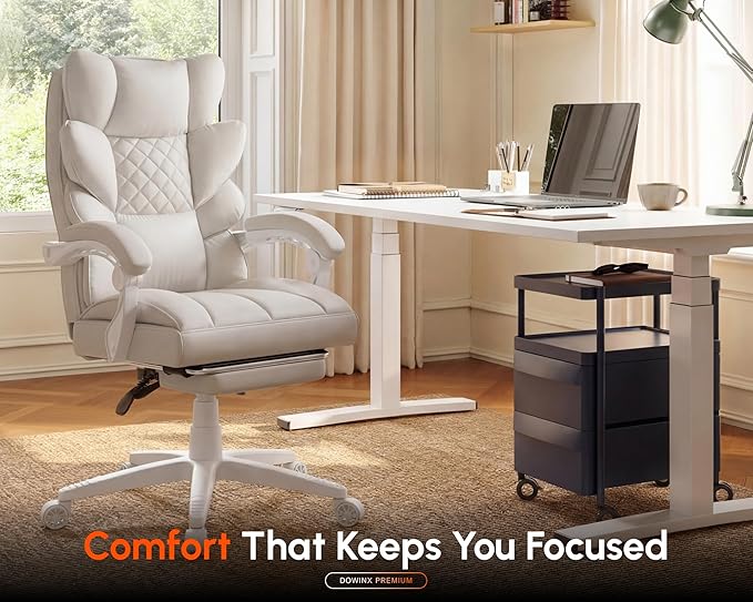 Dowinx Big and Tall Office Chair with Pocket Spring Cushion,High Back Computer Gaming Chairs with Linkage Armrests,Executive Desk Chairs with Footrest,PU Leather-White