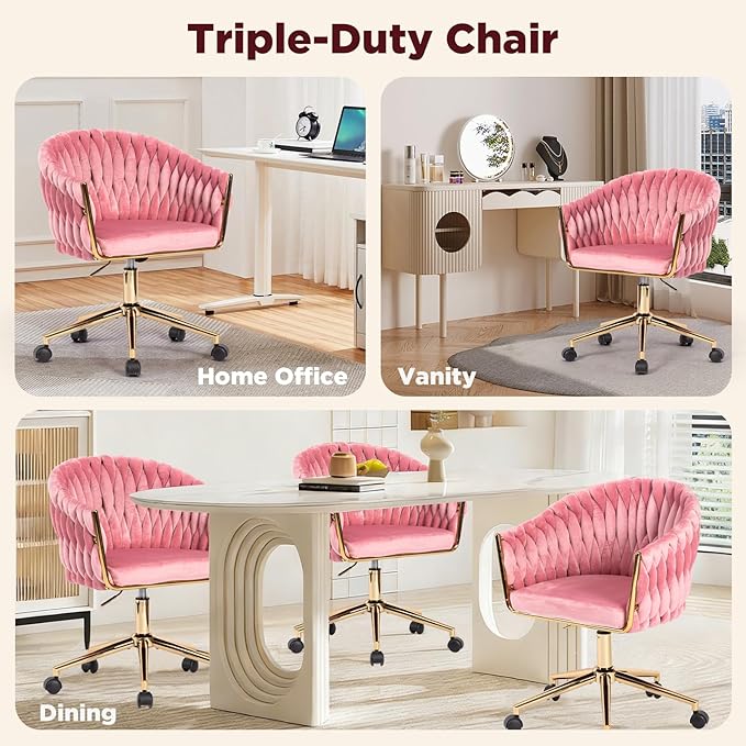 Cute Velvet Office Chair with Back and Golden Wheels, 360° Swivel Small Office Desk Chair Makeup Vanity Chair for Bedroom, Pink Rolling Chair