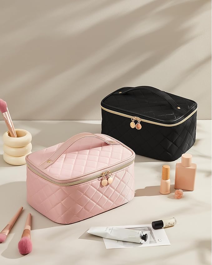 Prite Makeup Bag, Large Capacity Portable Travel Cosmetic Bag, Waterproof Makeup Organizer for Women with Handle and Divider (003 Black Rhombus)