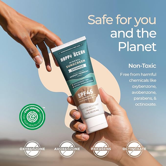 Mineral Sunscreen SPF 45 Shimmer, Reef Safe Sunscreen, Biodegradable Travel Size, Non-Nano Zinc Oxide, Non-Greasy, Water Resistant, Face & Body