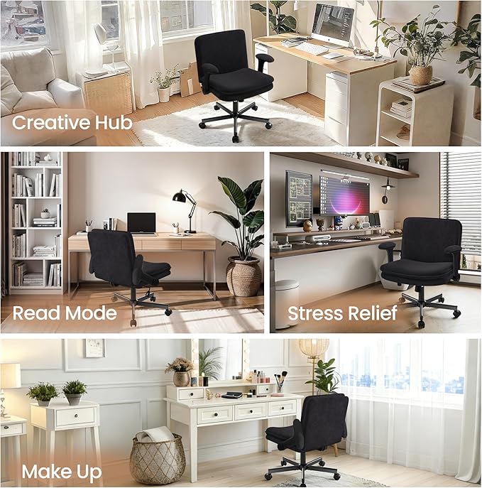 Criss Cross Office Chair with Wheels - Wide Seat Criss Cross Desk Chair with Flip-up Arms and Thick Cushion - Comfy Tilting Swivel Rolling Vanity Chair for Home Office Bedroom Apartment