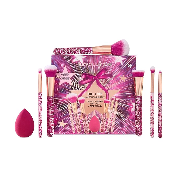 Revolution Full Look Makeup Brush Gift Set, 7-Piece Eye, Face & Cheek Collection with Blending Sponge, Vegan & Cruelty-Free