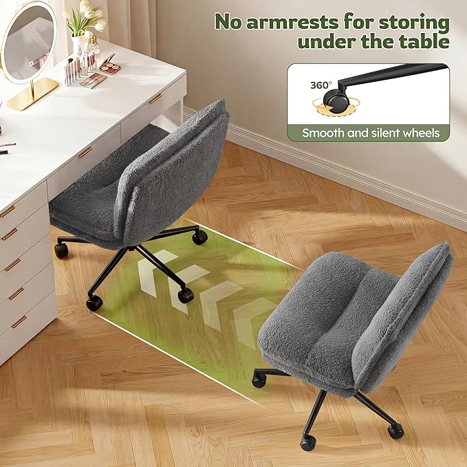 Criss Cross Chair with Wheels, 7" Extra Thick Cross Legged Office Chair, Height Adjustable Swivel Design for Home Office, Study & Vanity,Gery