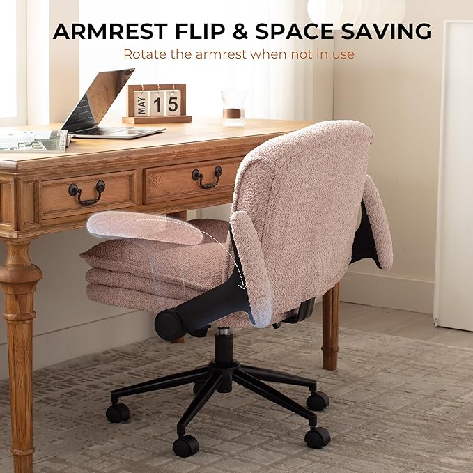 Dowinx Criss Cross Chair with Adjustable Flip-up Arms and Wheels, Comfort Ergonomic Office Desk Armchair with 3 Layer Cushions, Wide Seat Vanity Chair for Home Office, Living Room, Bedroom, Pink