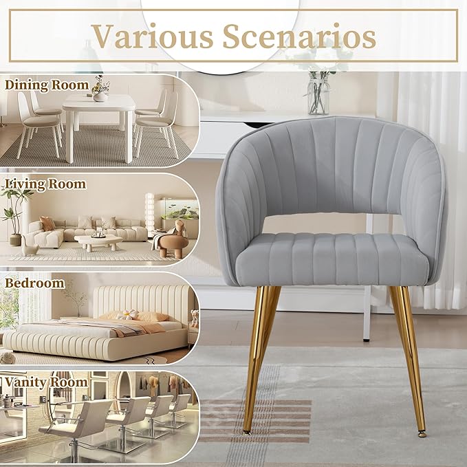 Westice Velvet Home Office Desk Chair Set of 1, Modern Tufted Vanity Chairs with Gold Metal Legs, Upholstered Accent Armchair for Living Room Restaurant, Light Grey